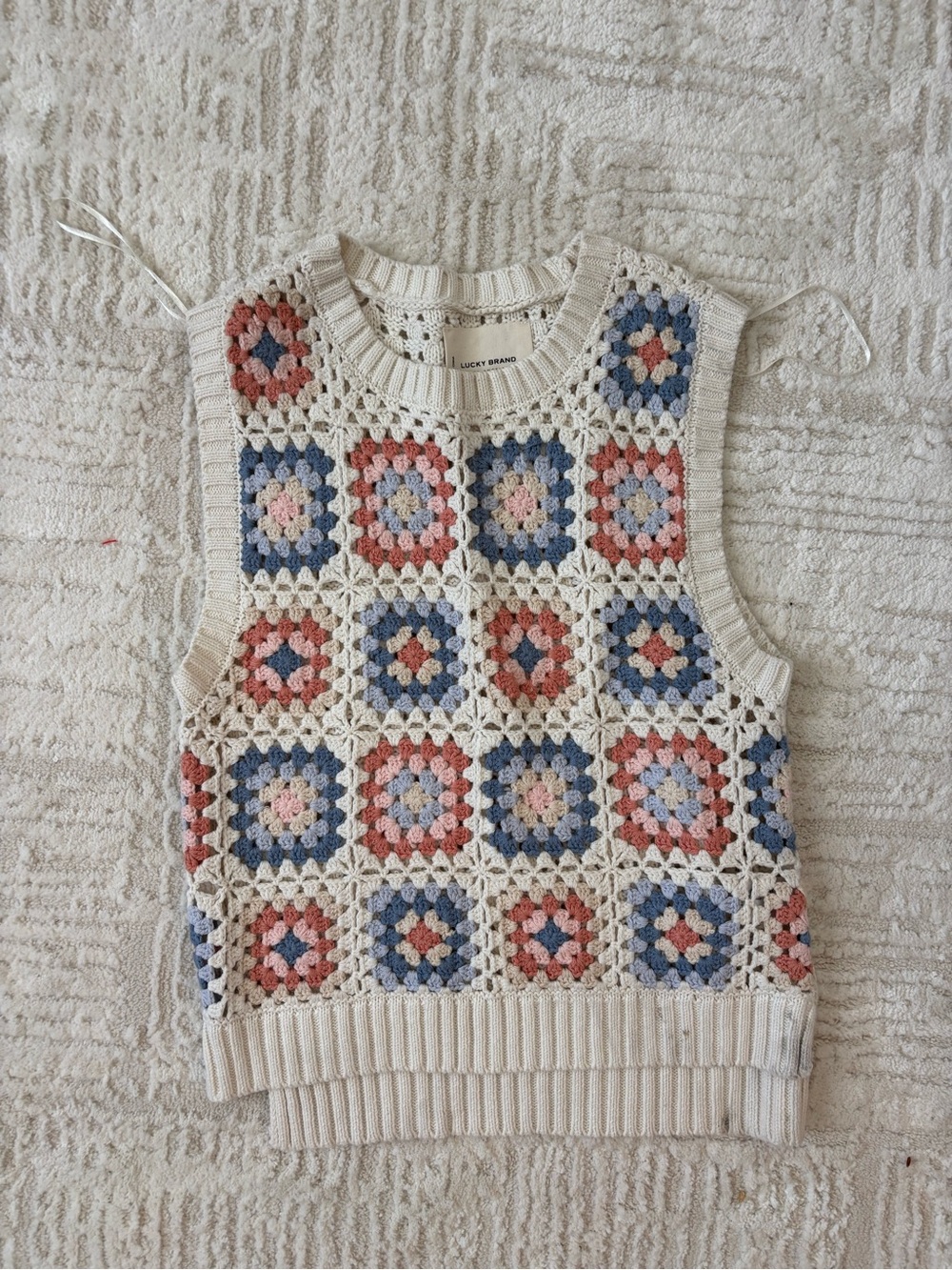 Lucky Brand Cream Crochet Sweater Vest with Blue & Coral Accents